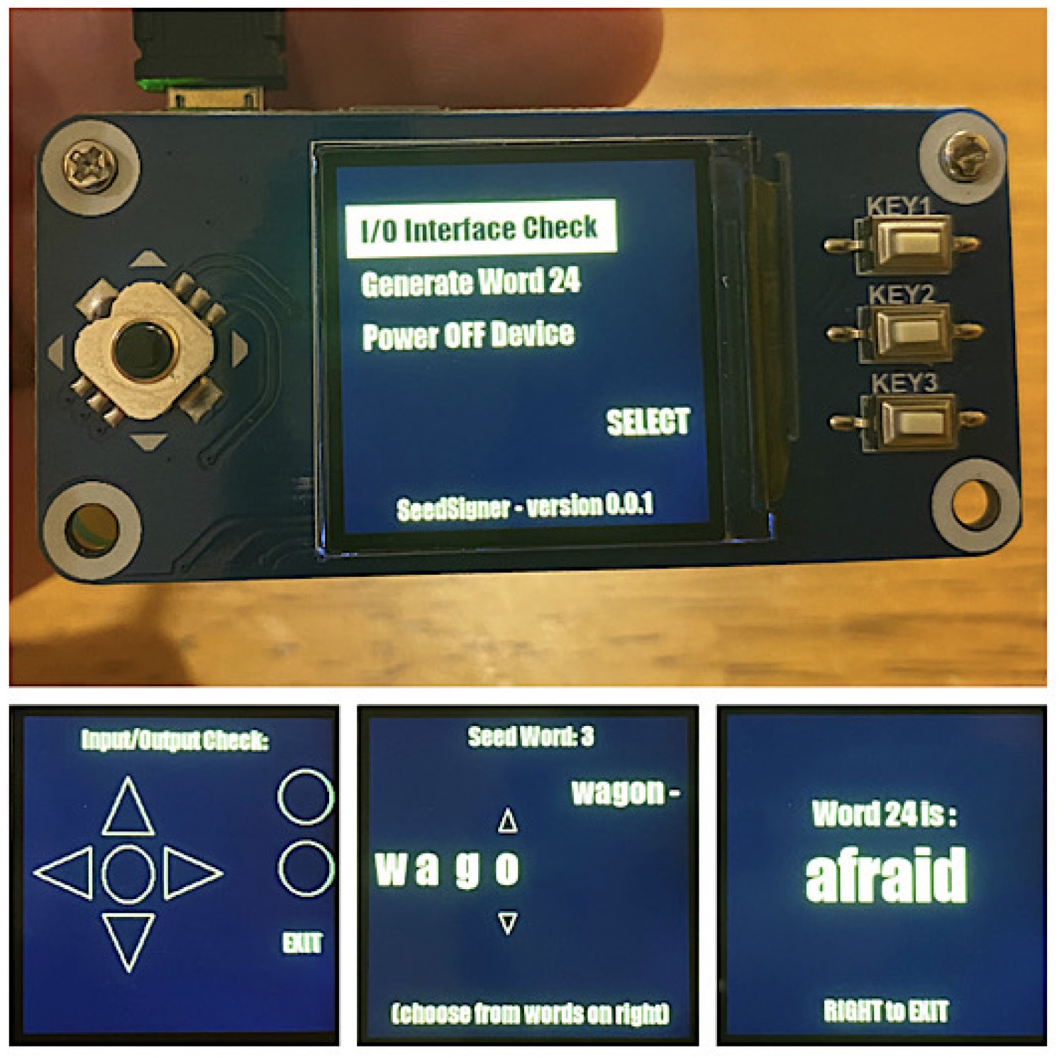 An early SeedSigner prototype: a Raspberry Pi Zero with a display and controls hat