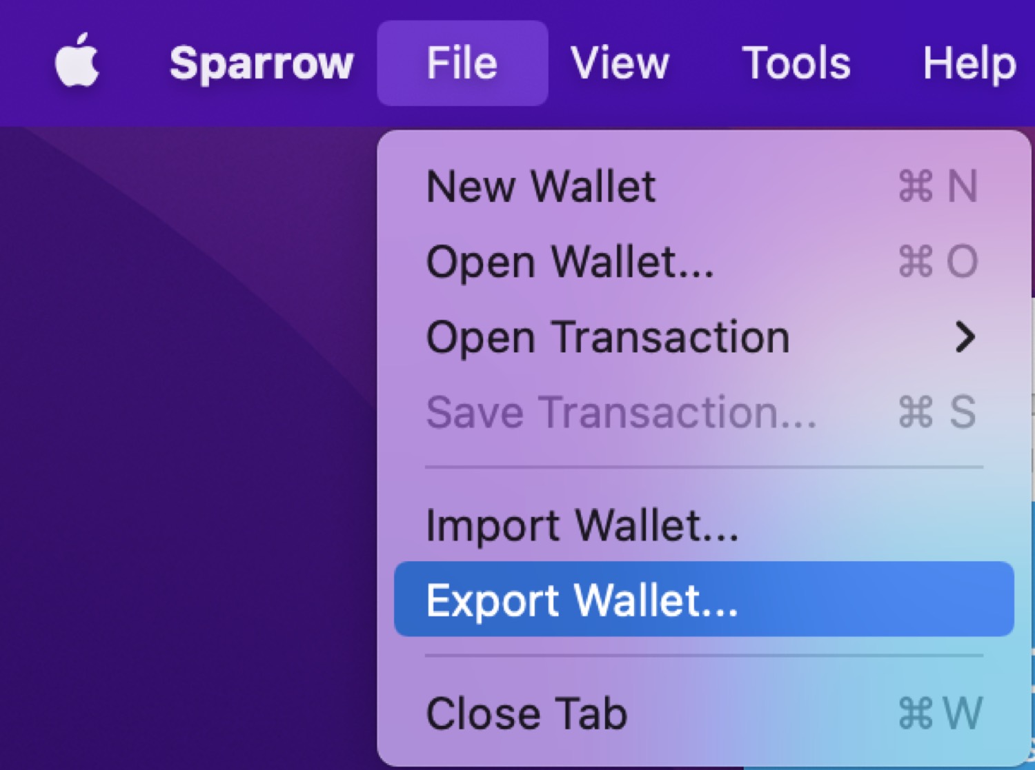 Sparrow's File menu with Export Wallet selected