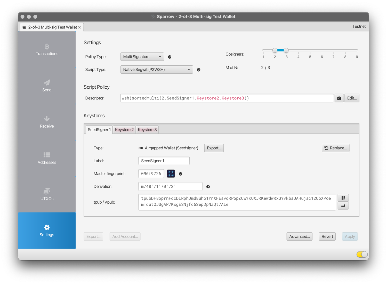 Sparrow showing the first keystore renamed to SeedSigner with its extended public key details