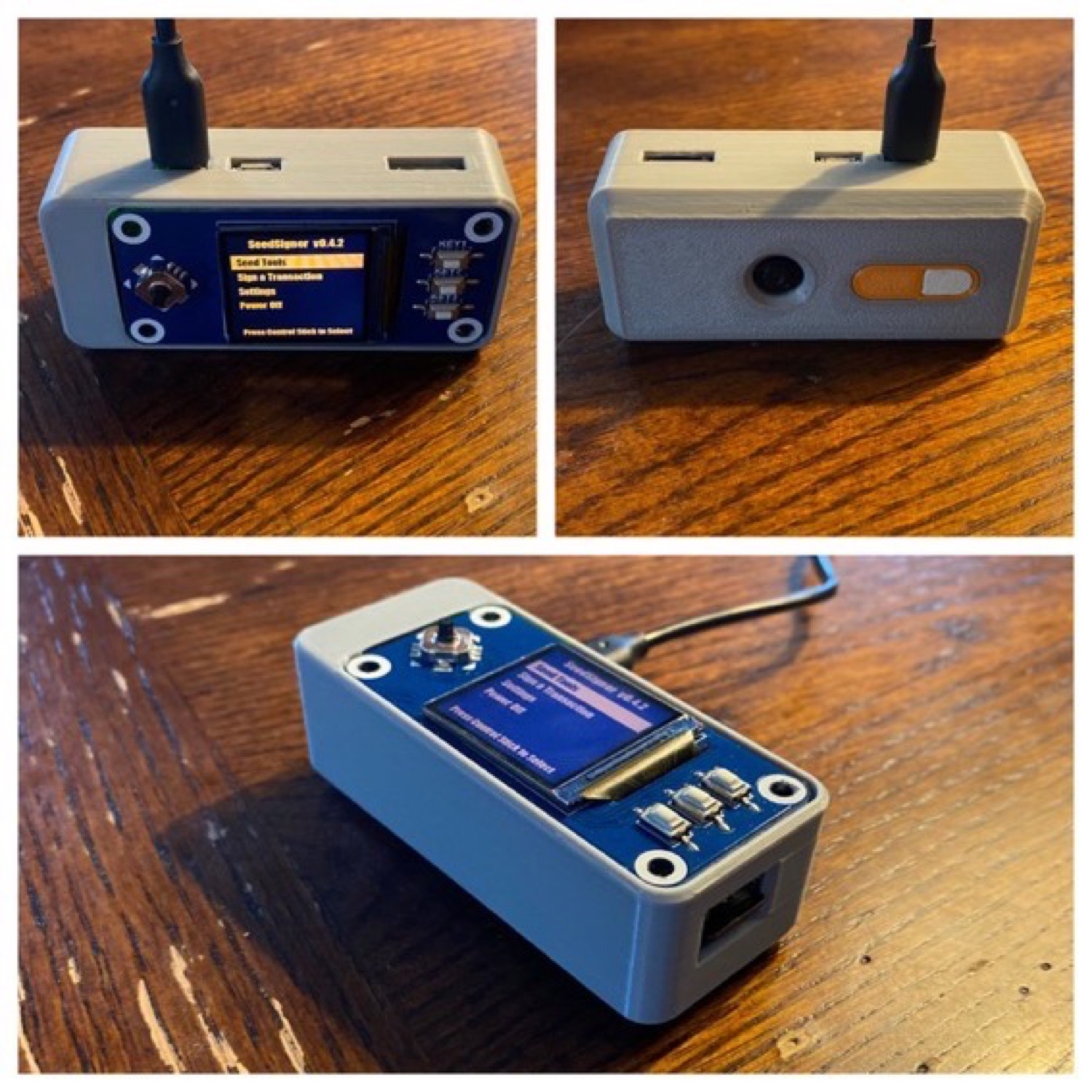 Three views of an Open Pill enclosure showing the exposed display hat, the camera lens and the power port