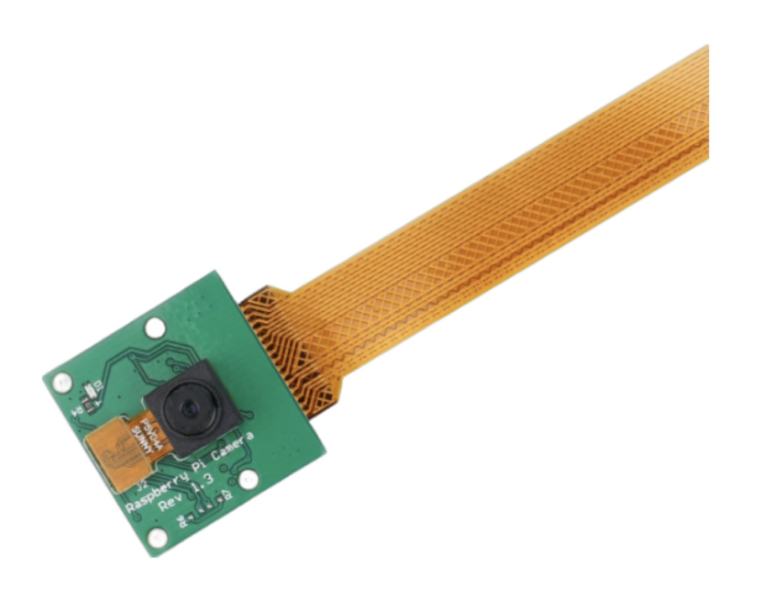 A standard Raspberry Pi compatible camera module with ribbon cable