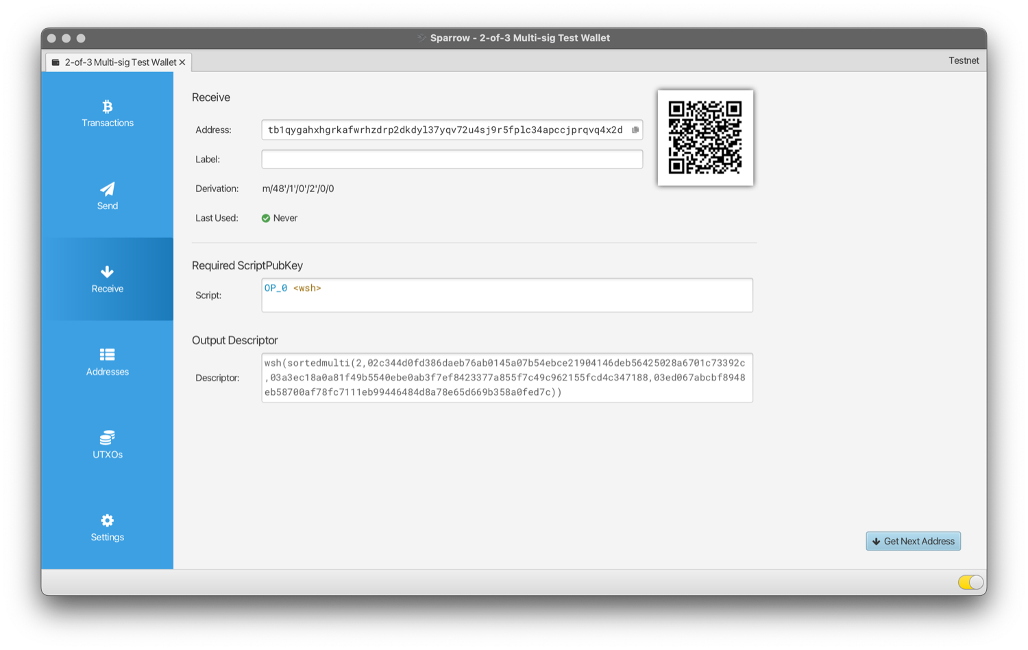 Sparrow's Receive tab showing a fresh receive address
