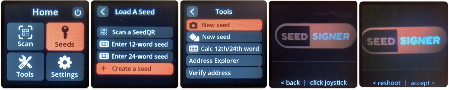 SeedSigner screens for creating a seed from a camera image
