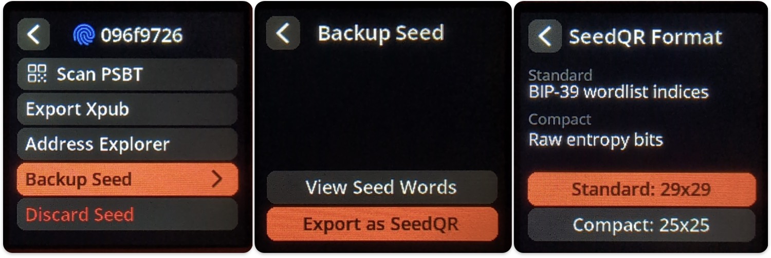 SeedSigner menu screens for exporting a seed as a SeedQR