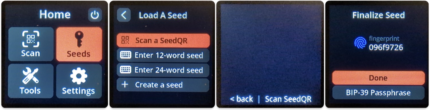 Four SeedSigner screens: the Home menu, the Load A Seed menu, the camera viewfinder, and the Finalize Seed screen showing a key fingerprint