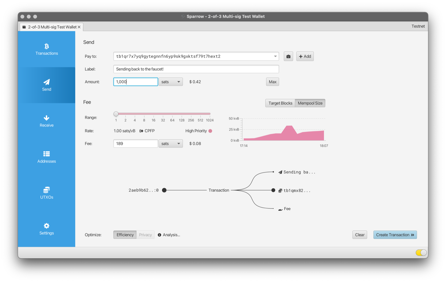 Sparrow's Send tab with address, label and amount fields
