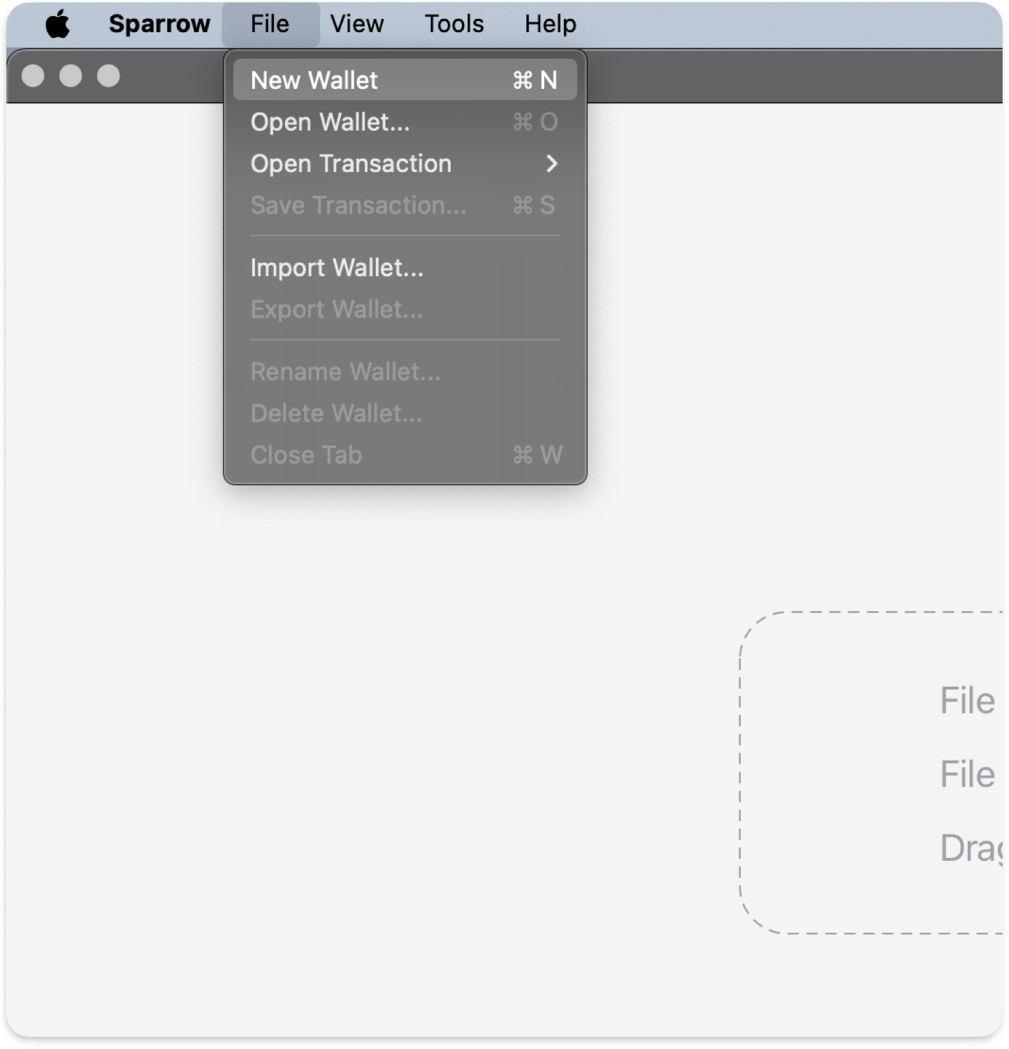 Sparrow's File menu with New Wallet selected