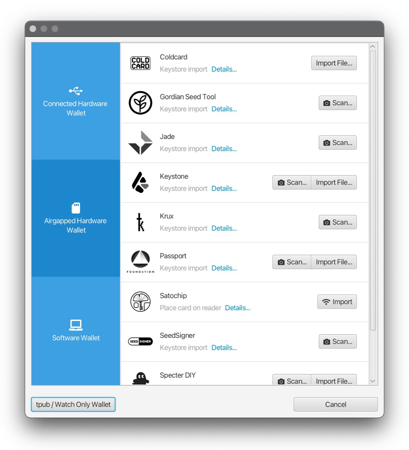 Sparrow's list of airgapped hardware wallets including SeedSigner