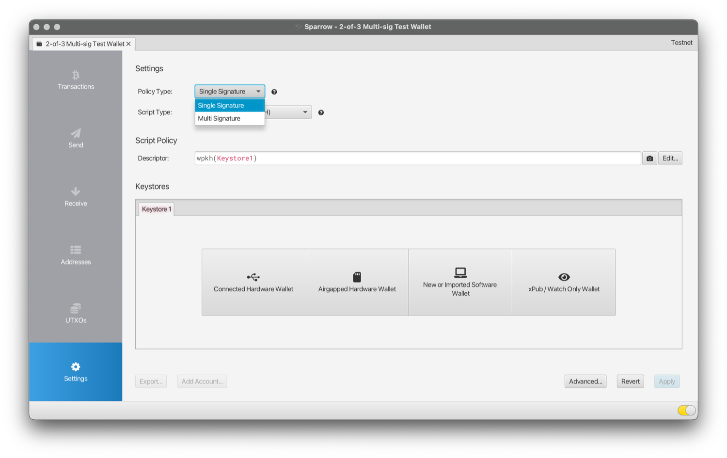 Sparrow's Policy Type dropdown with Multi signature selected
