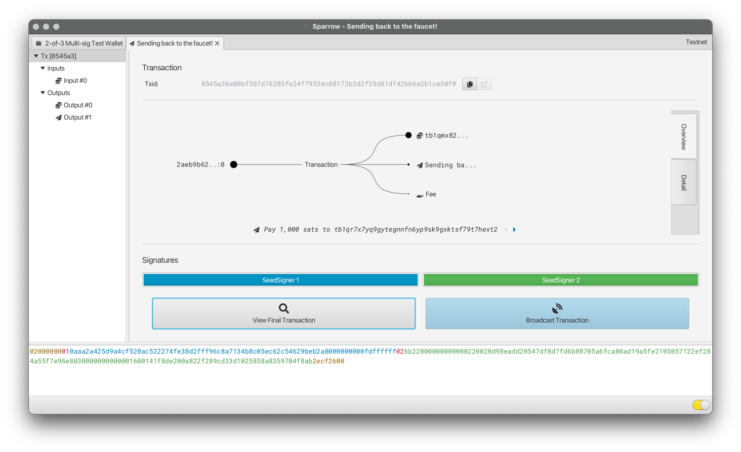 Sparrow's signature panel with two cosigners shaded in and the transaction ready to broadcast