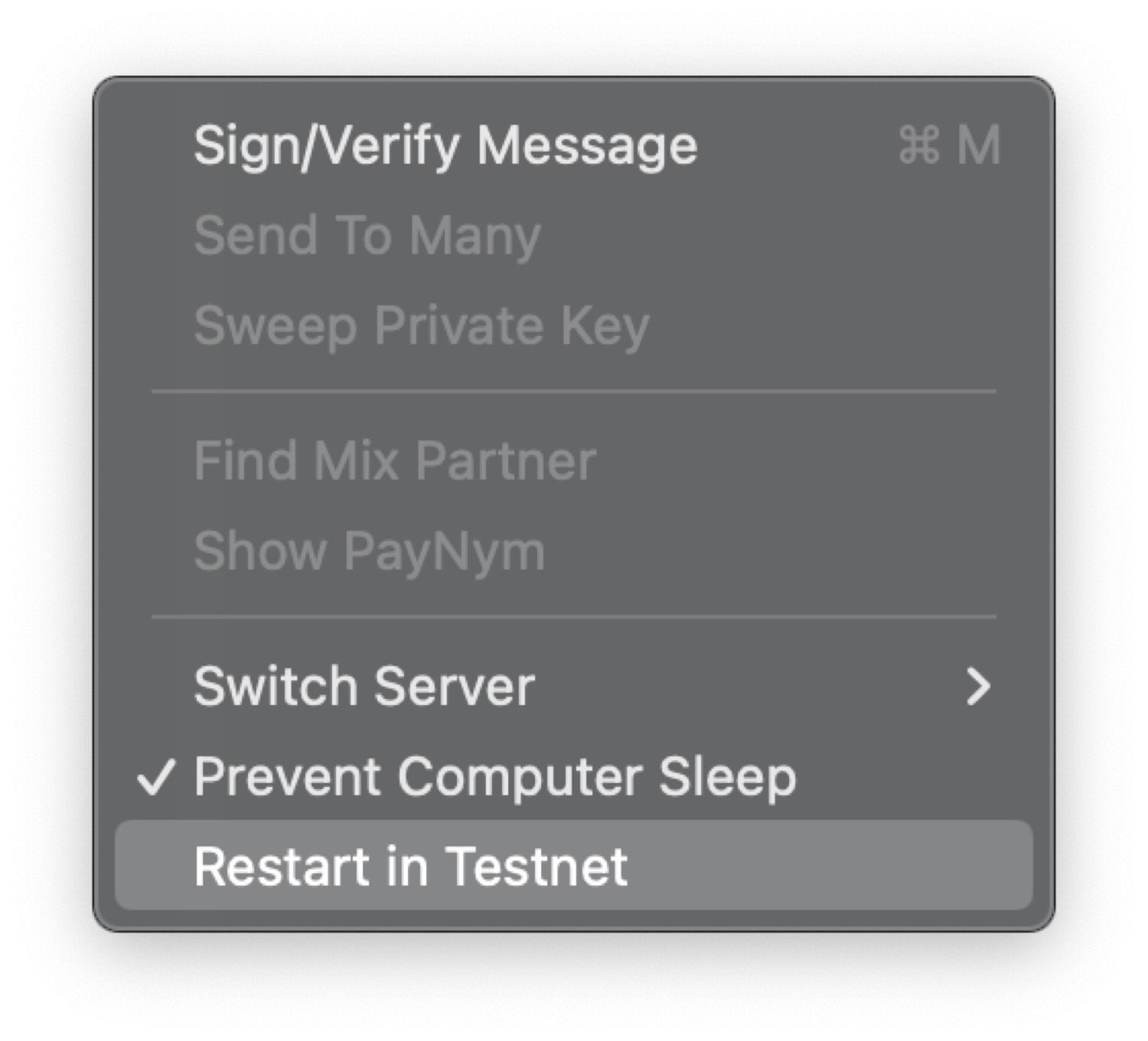 Sparrow's Tools menu with the Restart in Testnet option