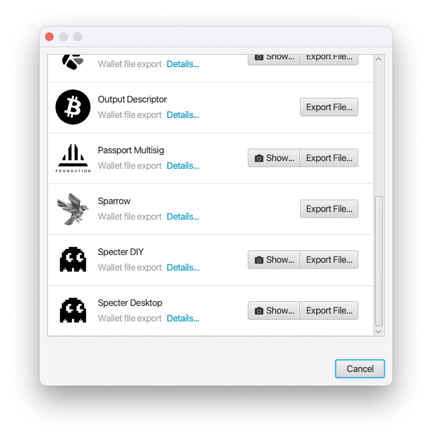 Sparrow's export format list showing the Specter Desktop option
