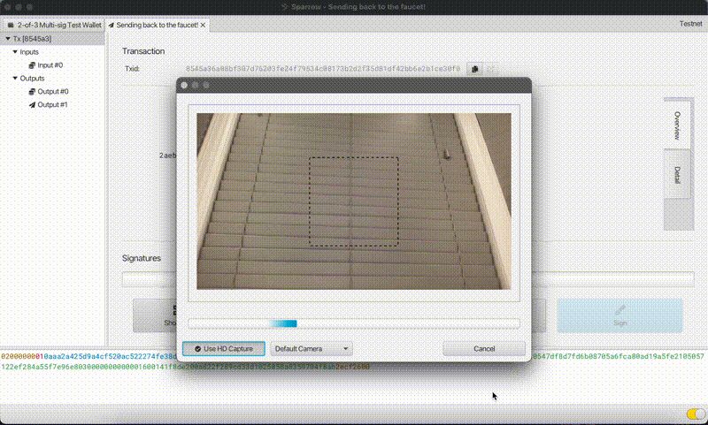 Sparrow's webcam scanning the animated QR code from a SeedSigner screen