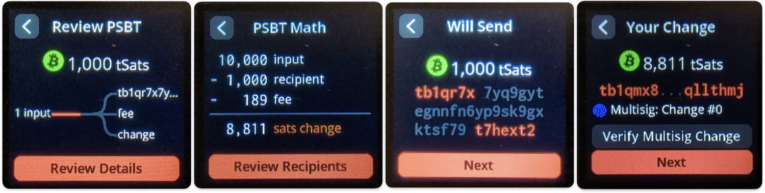 SeedSigner review screens showing PSBT maths, recipients and change