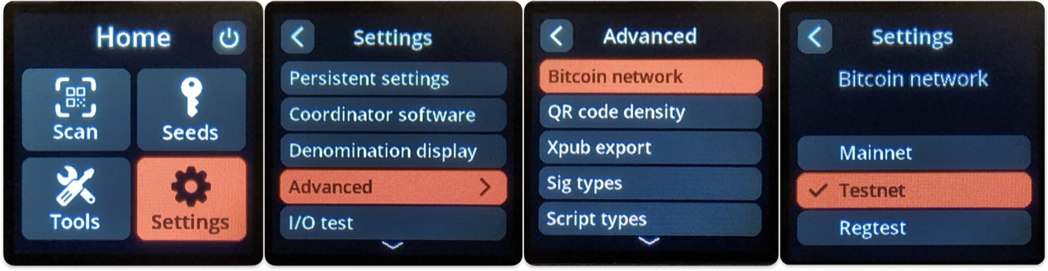 SeedSigner settings screens showing the Bitcoin Network option set to Testnet