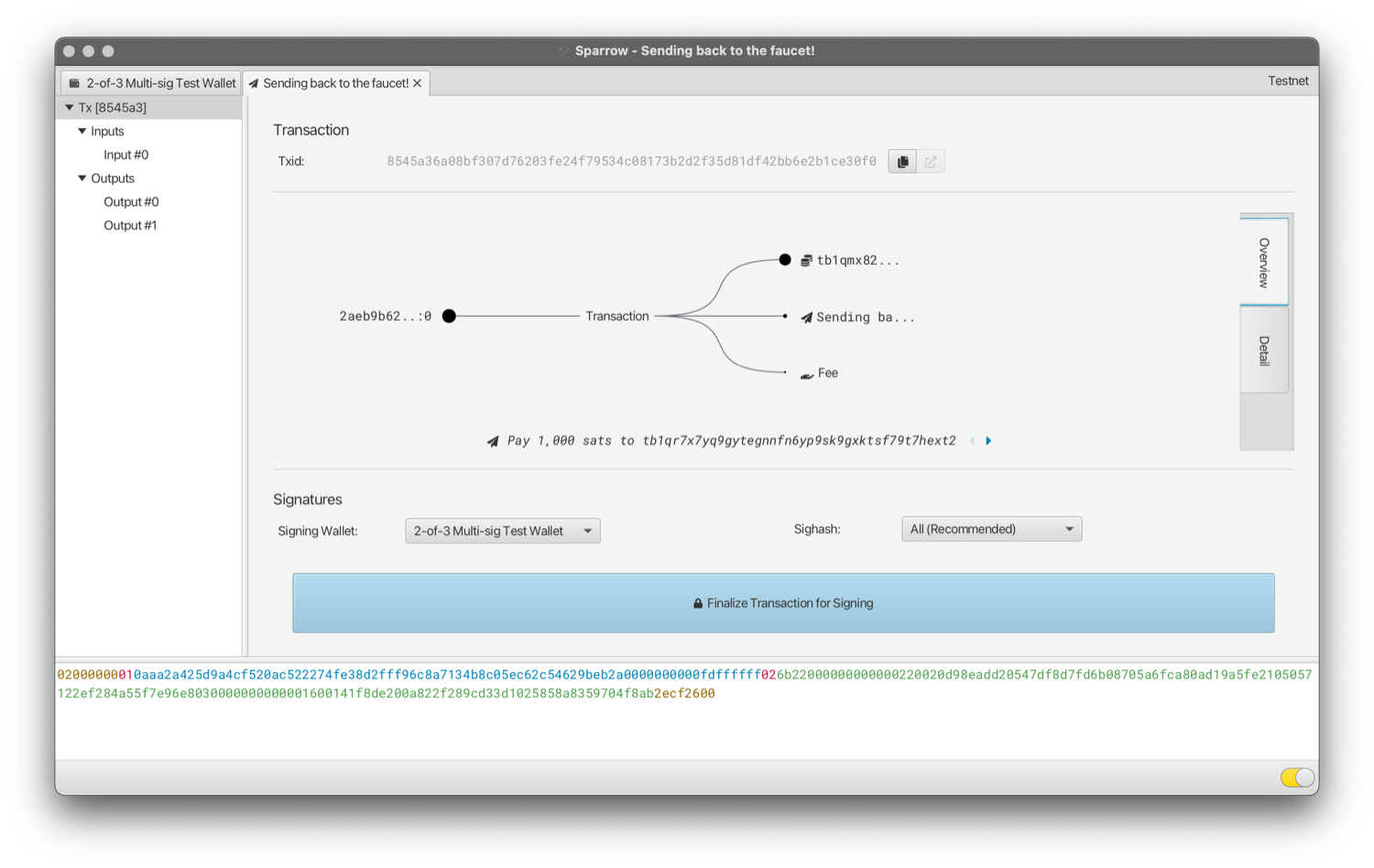 Sparrow's transaction overview with inputs, outputs and fee