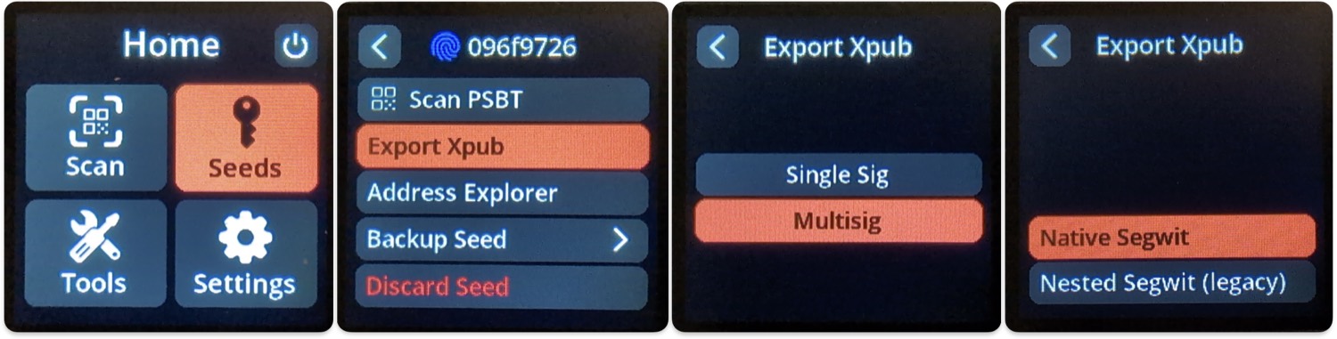SeedSigner screens for exporting an xpub: multisig and script type selection