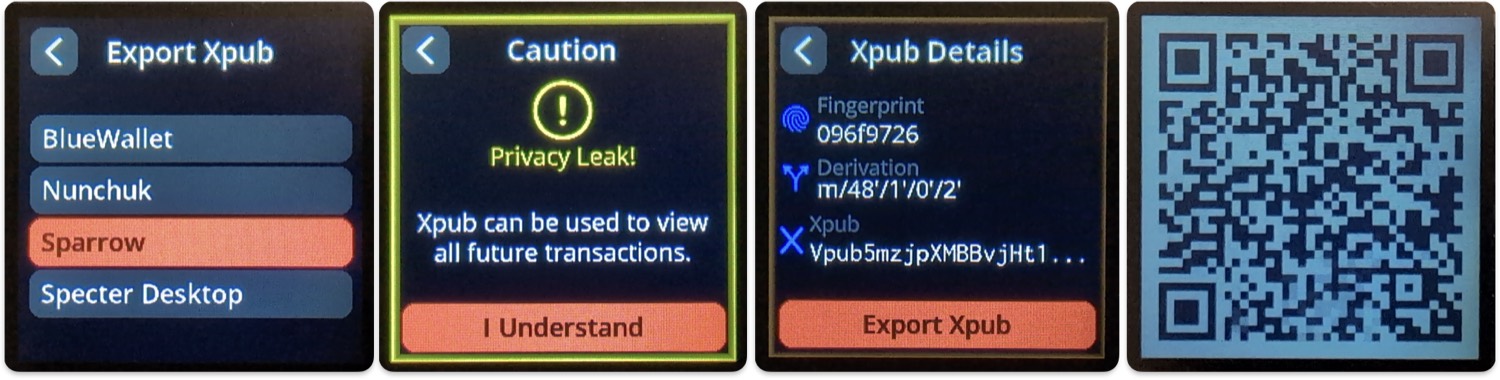 SeedSigner screens selecting Sparrow as the coordinator and confirming the xpub export