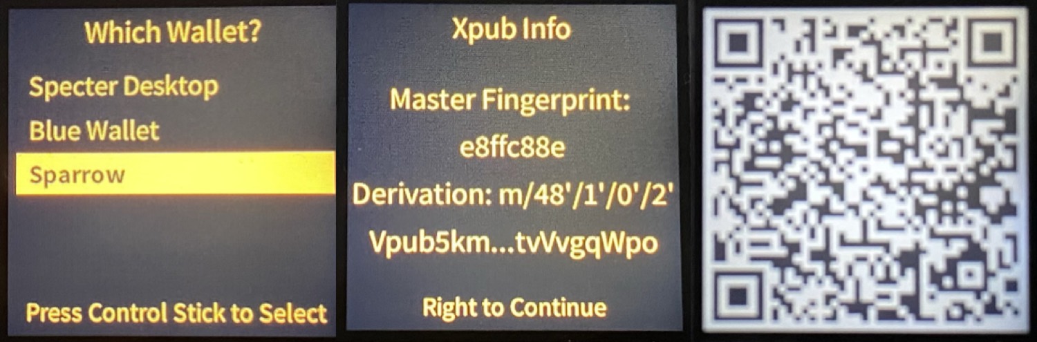 Three SeedSigner screens: a wallet coordinator picker, an Xpub Info screen showing master fingerprint and derivation path, and the resulting QR code
